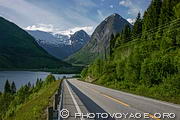 Skeisnipa au fond du Fjaerlandsfjord avec le  glacier Vetlebreen 