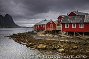 Rorbuer de Reine dans la baie de Reinevagen sur l'île de Moskenes (Moskenesøya) aux Lofoten. Un rorbu est une cabane de pêche construite sur pilotis. Au pluriel ce sont des rorbuer.