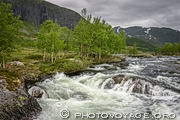 Tumultueuse rivi&egrave;re Smeddalselva gonfl&eacute;e par la fonte des neiges au printemps le long de la E16 entre Borlaug et le lac Smeddalsvatnet.